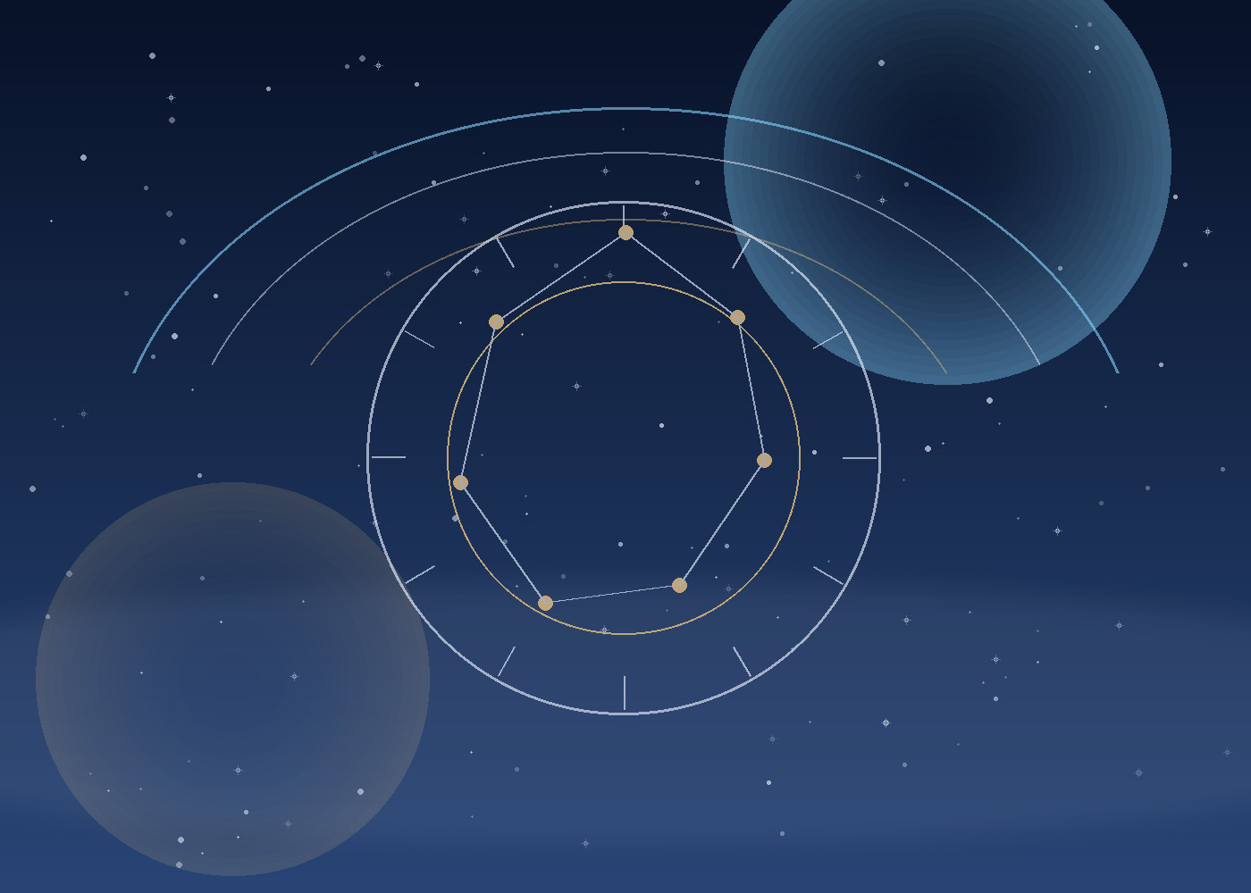 Stylized astrology wheel and constellation lines representing timing cycles and natal-chart context.