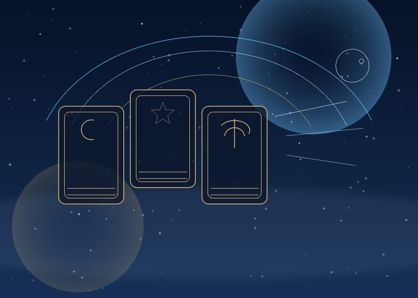 Stylized tarot cards and celestial arcs representing layered love, career, and timing guidance.