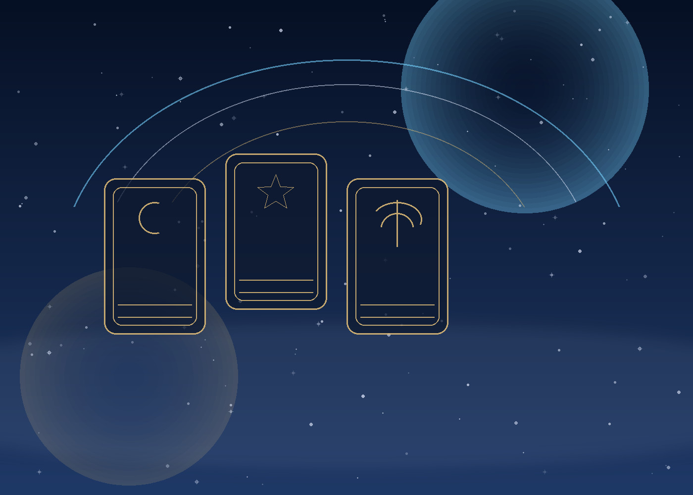 Stylized tarot card spread and celestial arcs representing symbolic reading, emotion, and structure.